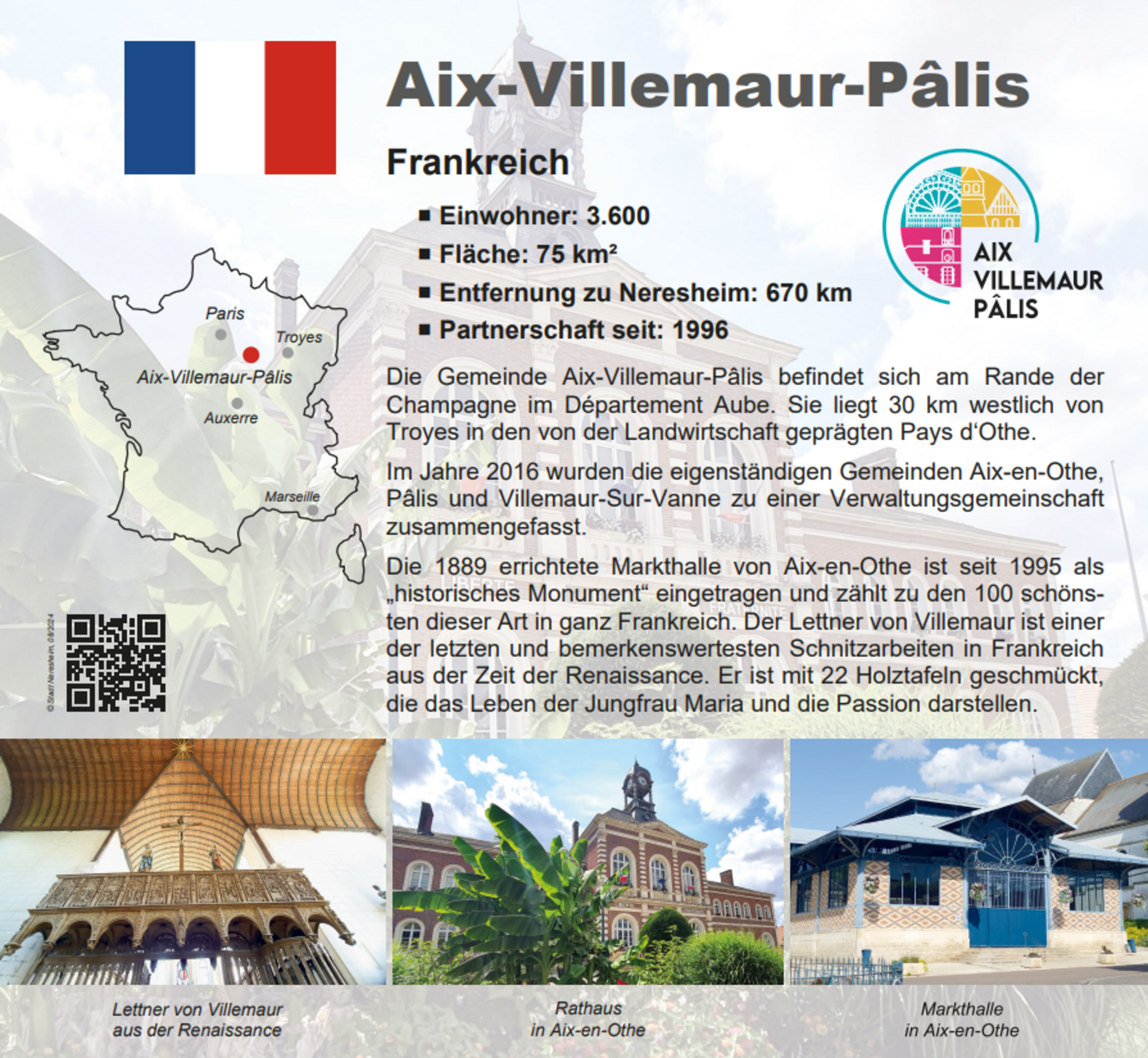 Karte von Aix-Villemaur-Pâlis mit Umrissen der Region, Einwohnerzahl 3.600, Fläche 75 km², Partnerschaftsinfo, historische Gebäude und Text über die Gemeinde.