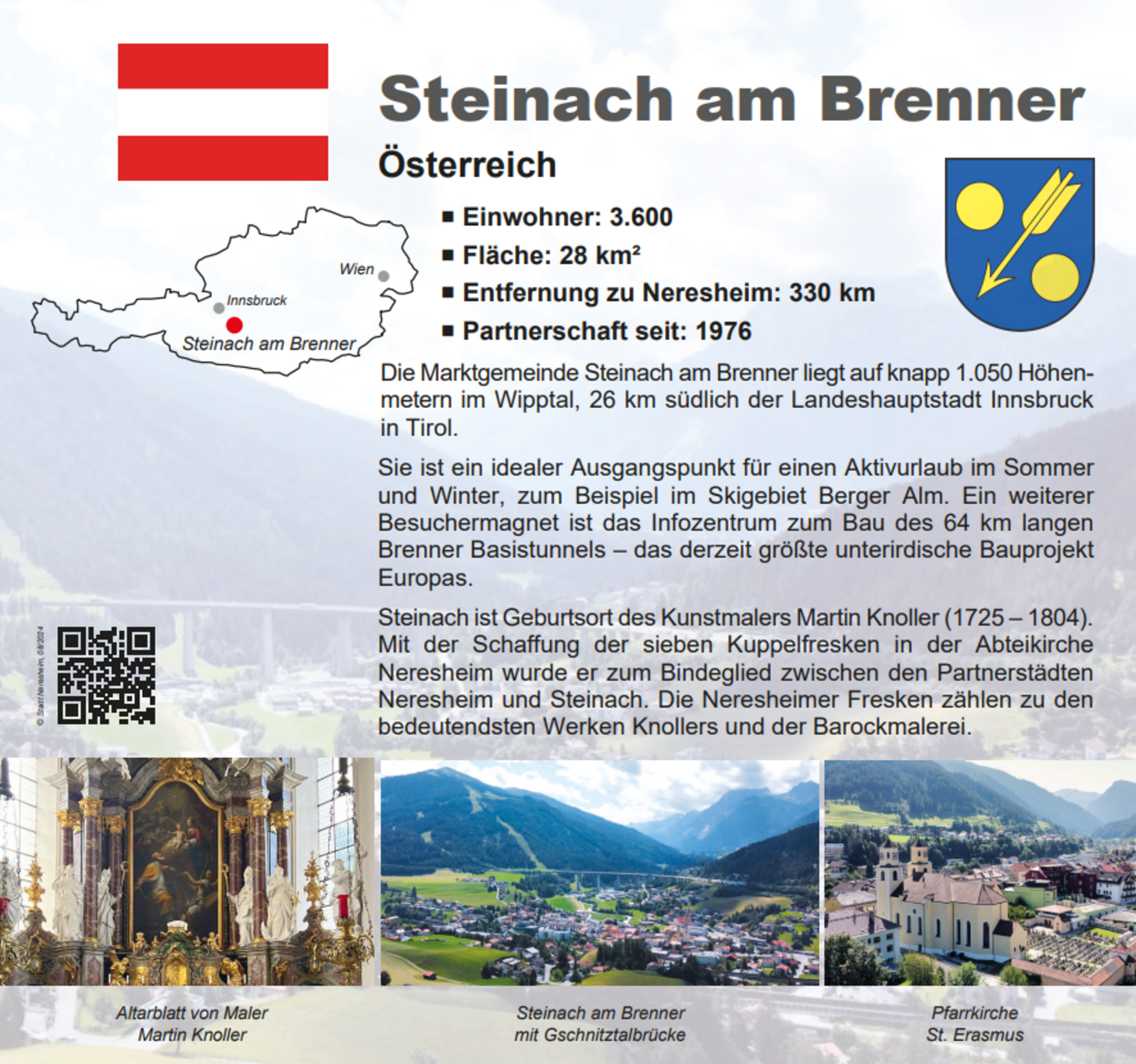 Infografik über Steinach am Brenner mit Karte, Einwohnerzahl 3.600, Fläche 28 km², Partnerschaft seit 1976, Informationen über Martin Knoller.