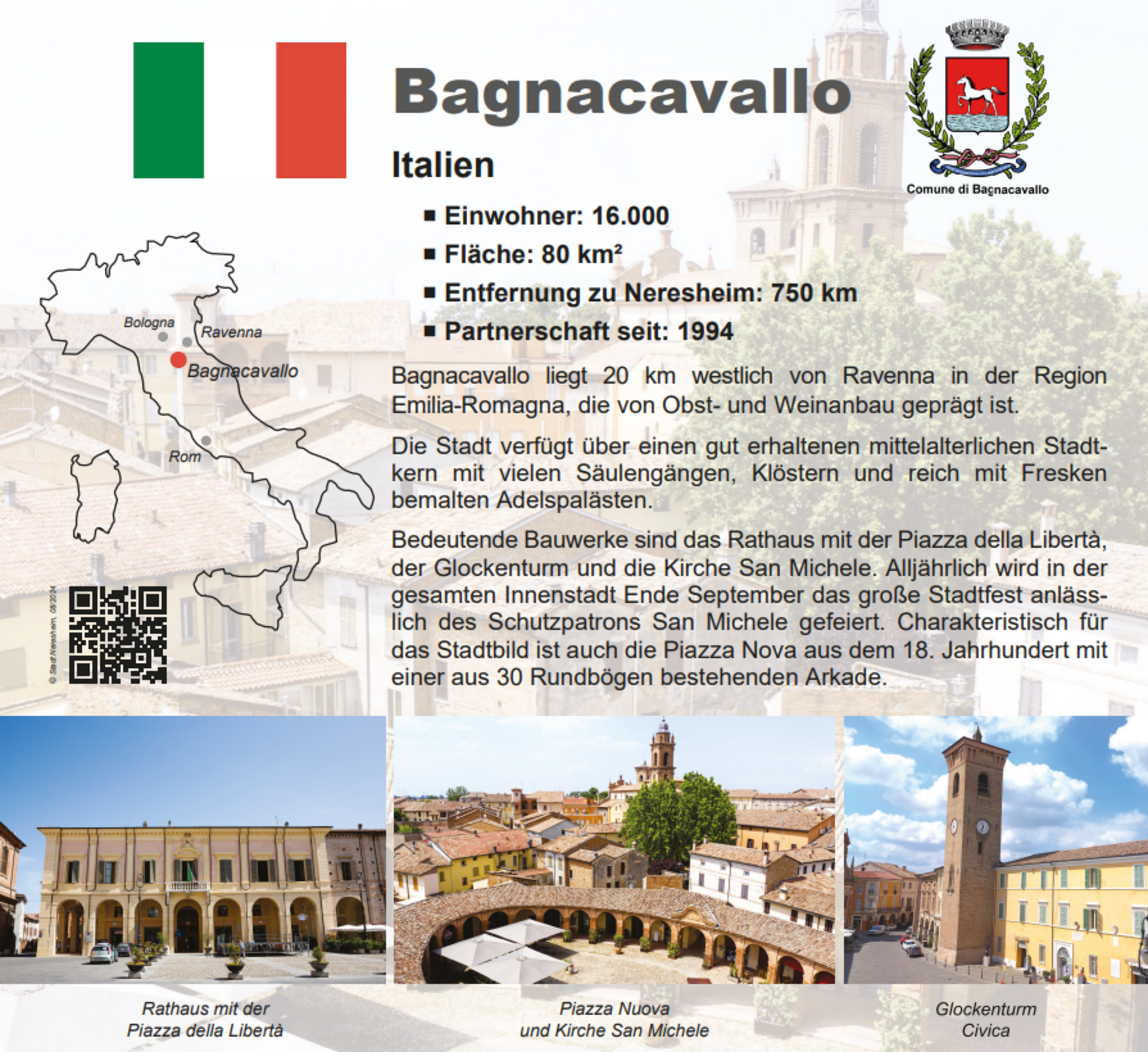 Karte von Bagnacavallo mit den wichtigsten Informationen: Einwohnerzahl 16.000, Fläche 80 km², Entfernung zu Ravenna 20 km. Enthält Bilder des Rathauses, der Kirche San Michele und der Glockenturm.