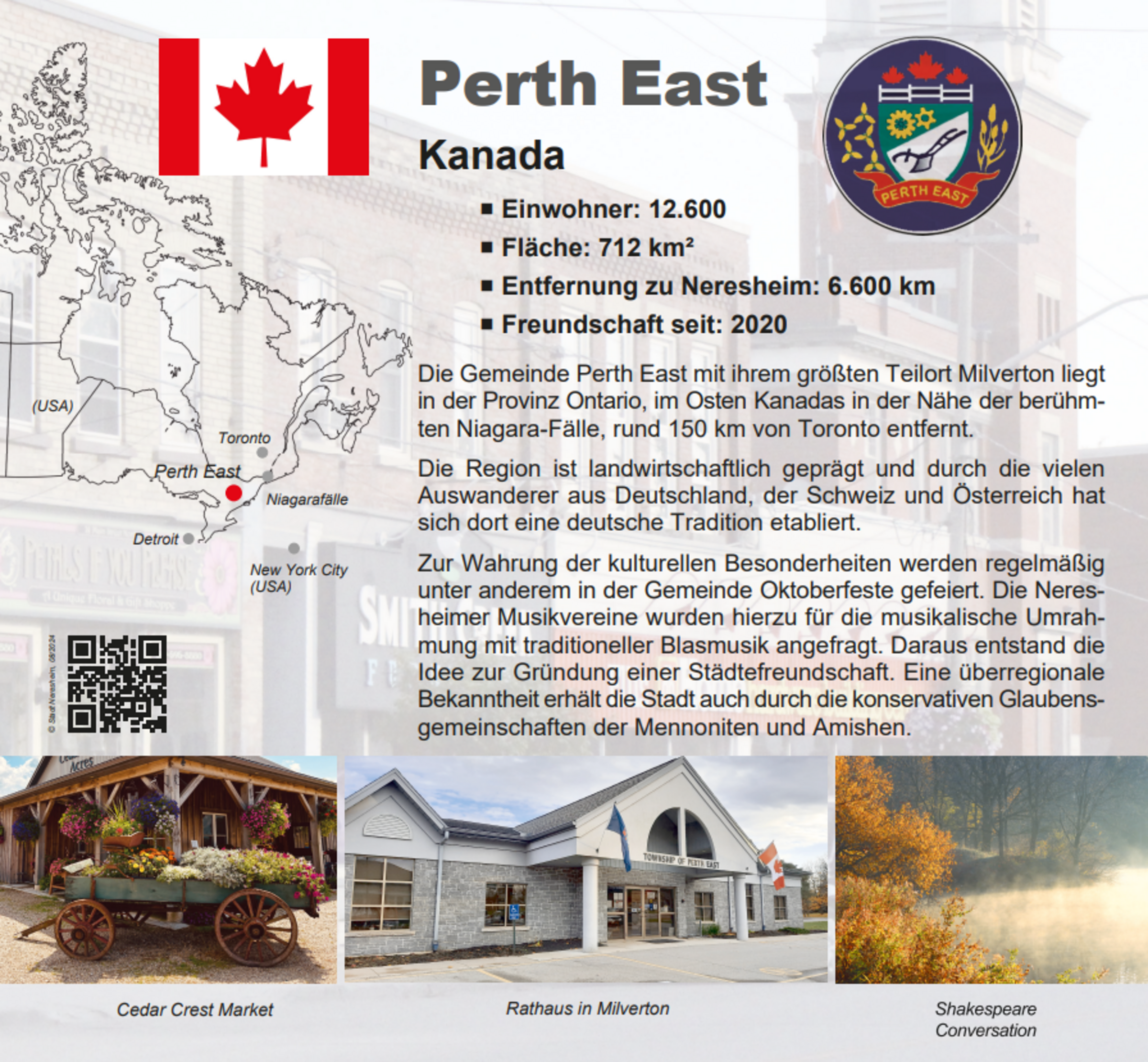 Infografik über Perth East, Kanada. Enthält Einwohnerzahl (12.600), Fläche (712 km²), Entfernung zu Niagara-Fälle (150 km) und Toronto (600 km).
